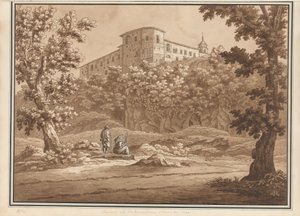 ヴァルモントーネの修道院、1790年11月、ローマとアブルッツォの近郊の自然から描かれた66のビューのボリュームから（紙にペンとインクで洗う）